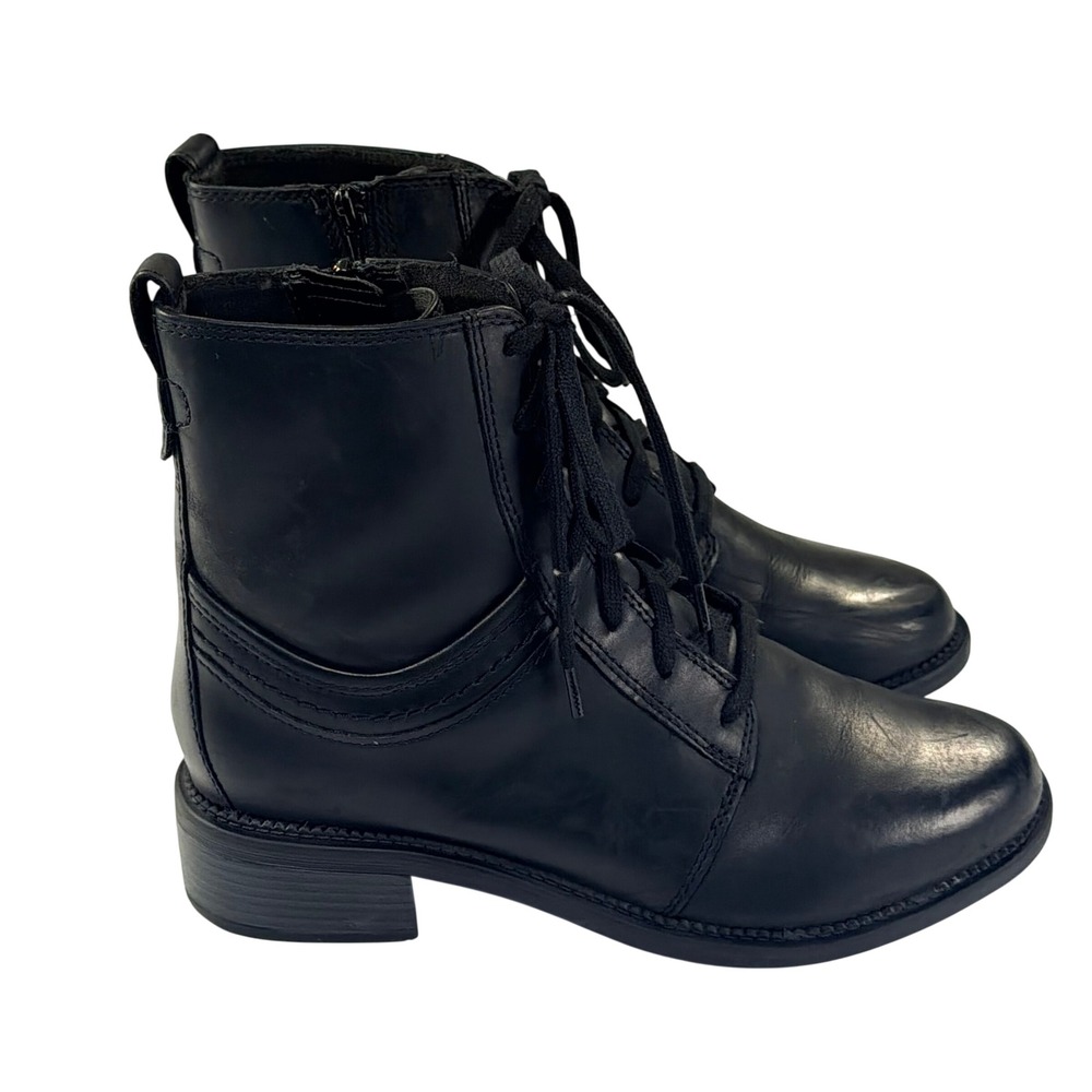 Clarks Maye Step Combat Boots Womens 10 Black Leather Biker Moto Grunge Lace Up